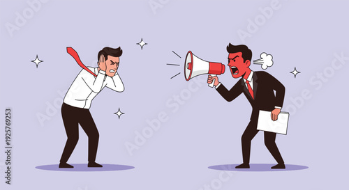 Angry boss yelling at employee with megaphone Illustration.