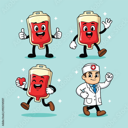Blood bag and doctor cartoon characters for blood donation day.