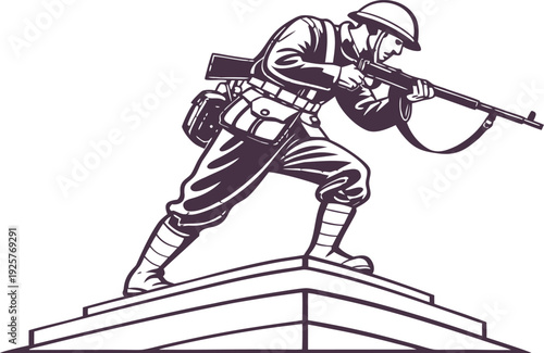 Silhouette of wwii soldier statue holding rifle on rooftop