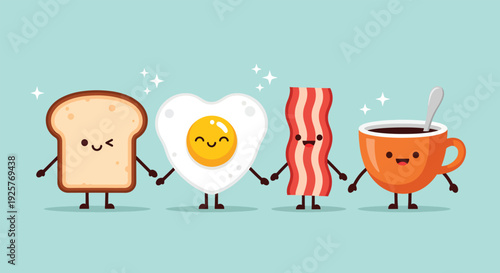 Cute breakfast characters holding hands on a light blue background.