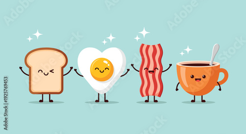 Cute breakfast characters toast egg bacon and coffee mug.