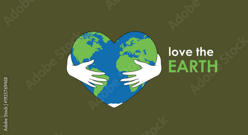 Eco friendly concept illustration of two white hands affectionately hugging a heart shaped planet Earth on a dark green background.