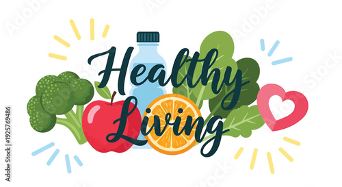 Healthy living icon set. Includes healthy lifestyle, wellness, nutrition, fruits, vegetables, and heart symbols. Created in colorful flat style with vibrant palette.