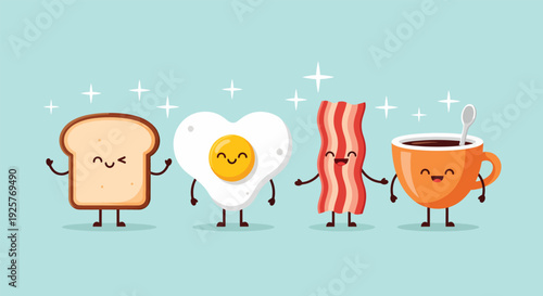 Cute Cartoon Breakfast Characters Toast Egg Bacon Coffee.