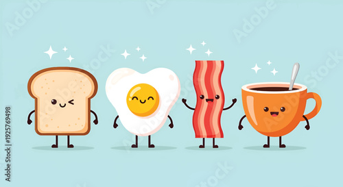 Cute cartoon breakfast characters toast egg bacon coffee Vector Illustration.