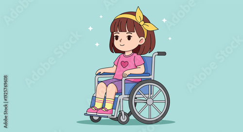 Cute little girl sitting in a wheelchair illustration.
