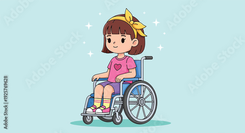 Cute little girl with disability sitting in wheelchair.