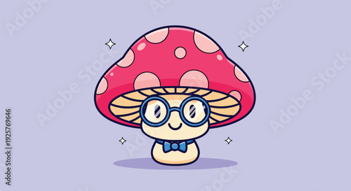 Cute Mushroom Character Wearing Glasses and Bowtie.