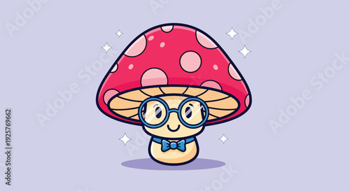 Cute Mushroom Wearing Glasses and Bow Tie Cartoon Illustration.