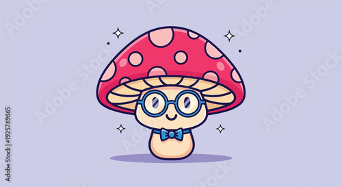 Cute Smart Mushroom Wearing Glasses and Bowtie Cartoon.