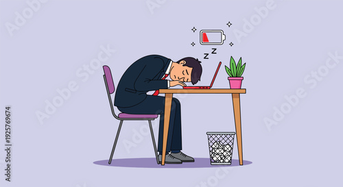 Exhausted businessman sleeping at office desk with laptop symbolizing burnout and fatigue.
