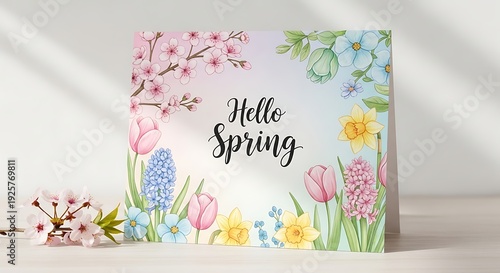 Spring sale hello spring floral card with tulips and cherry blossoms
