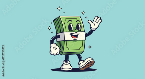 Happy Money Stack Cartoon Character Waving.