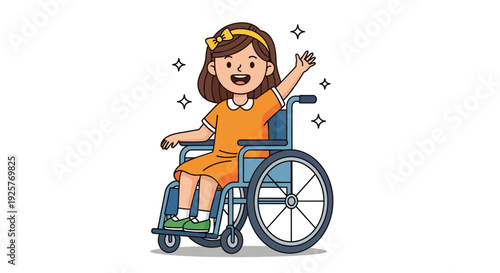 Happy little girl in a wheelchair waving her hand.