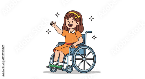 Happy little girl in wheelchair waving hand illustration.