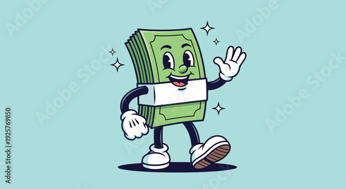 Happy Money Stack Character Waving Hand.