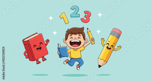 Happy School Kid with Book and Pencil Learning Numbers.