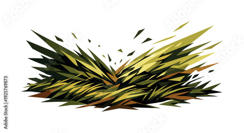 Low-poly vector illustration of a meadow wind sweep under peak tension, grasses compressed into dense angular waves as opposing
