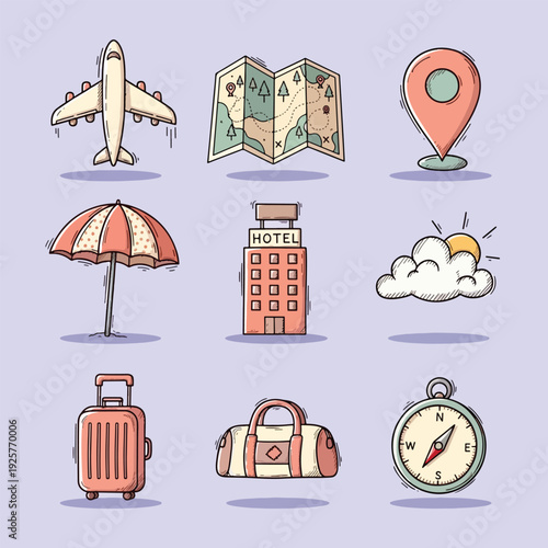 Travel and tourism icons set with airplane map hotel and luggage Vector Illustration.