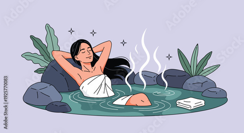 Woman relaxing in a hot spring with steam and lush plants.