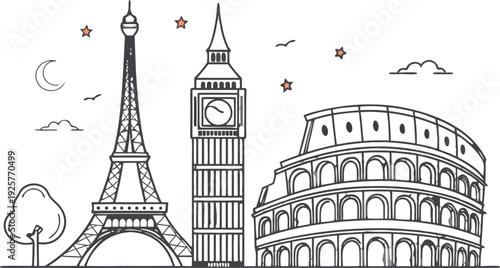 Black and white of Eiffel Tower Big Ben and Colosseum landmarks European landmarks