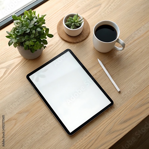 Modern workspace with tablet, coffee, and plants on wooden desk