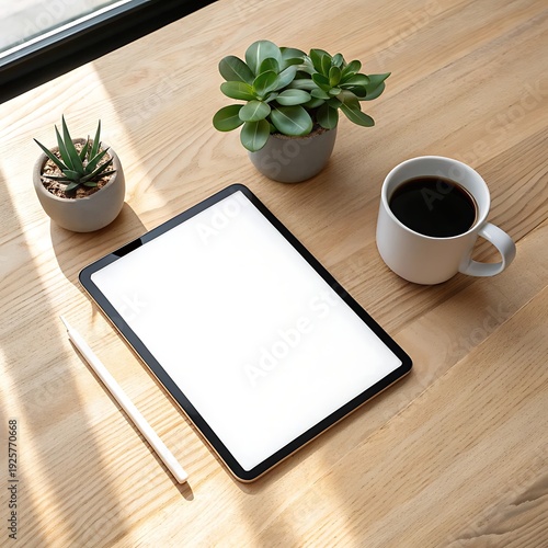 Modern workspace setup with tablet, coffee, and plants on wooden desk