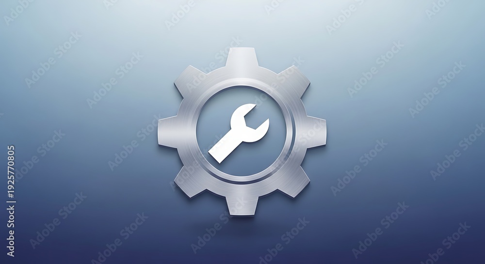 Obraz premium A silver gear icon with a wrench on a gradient blue background