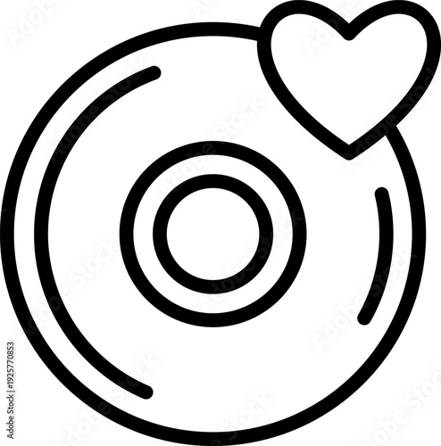 A vinyl record or CD icon featuring a small heart accent, a love song concept, a romantic playlist to celebrate the moment.