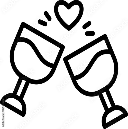 A pair of toasting wine or champagne glasses with heart decorations on top gives an elegant celebratory feel.