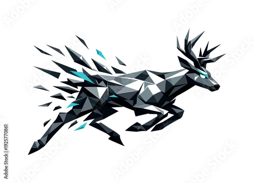 Low-poly vector illustration of a deer breaking through into full-speed escape, perfectly aligned angular posture with rhythmic