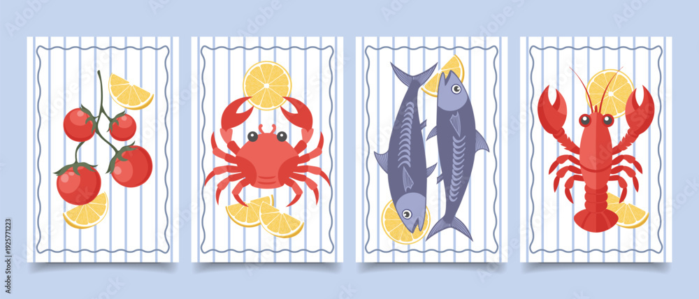 Fototapeta premium Set of cards with fresh seafoods with lemon slices. Sardines, crab, lobster. Collection of Italian cuisine posters. Mediterranean menu cards set.
