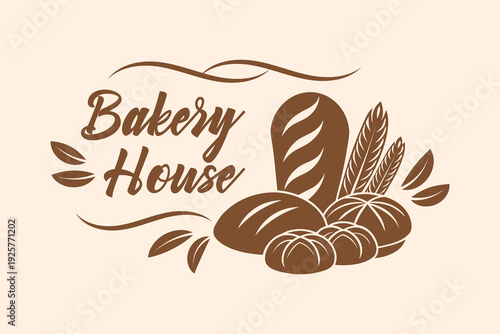 Bakery shop logo. Vintage bakery house logo with assorted breads and wheat.