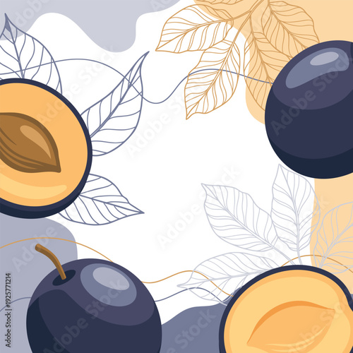 Abstract composition of ripe plums with leaves. Plums fruit background. Card, banner, poster.