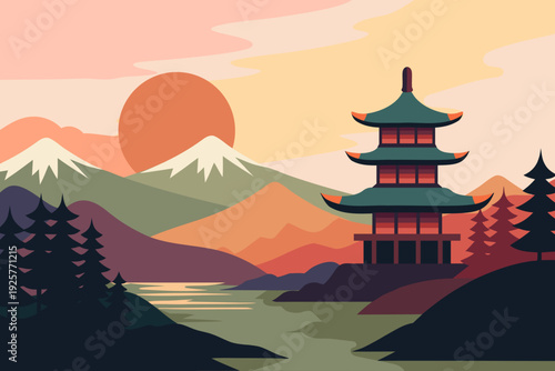 Traditional Japanese pagoda in a mountainous sunset landscape. Scenic illustration.