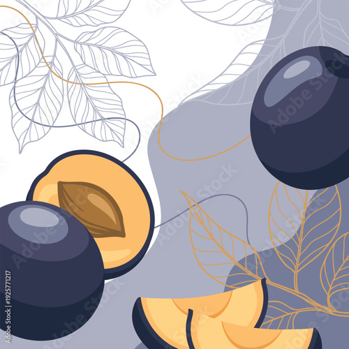 Plums fruit background. Abstract composition of ripe plums with leaves. Card, banner, poster.