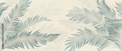 Botanical art background featuring tropical plant leaves in blue or green with line art elements. A natural banner featuring exotic plants for wallpaper, textiles, posters, and prints.