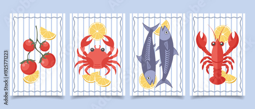 Set of cards with fresh seafoods with lemon slices. Sardines, crab, lobster. Collection of Italian cuisine posters. Mediterranean menu cards set.