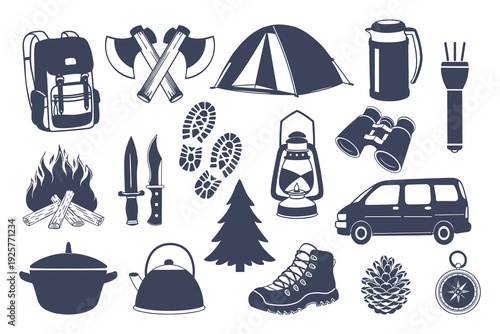 Camping icons set. Illustration of camping and outdoor adventure equipment. Nature and travel icons