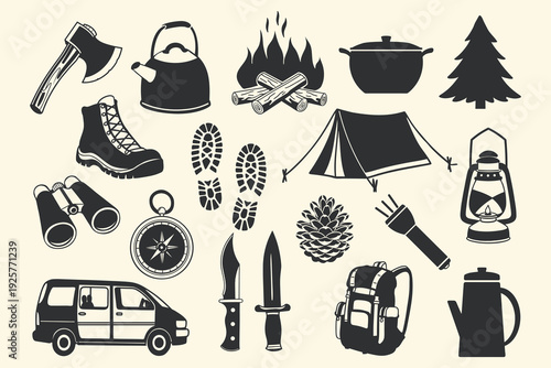 Camping icons set. Illustration of camping and outdoor adventure equipment. Nature and travel icons for badges.