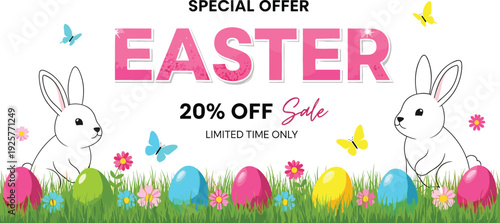 Special offer Easter holiday twenty percent off sale promotional banner featuring cute white bunnies colorful easter eggs and spring flowers.