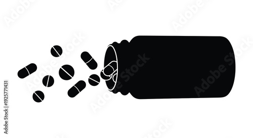 Pills spilling from a bottle depicted in a stark black silhouette