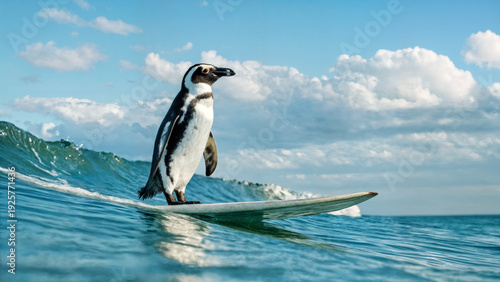 penguin in the sea. Penguin conquers the waves on a surfboard