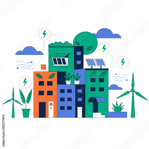 A colorful illustration of eco friendly city buildings