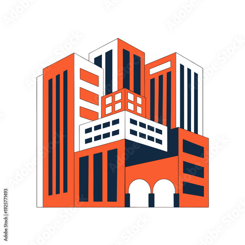 A stylized illustration of a modern cityscape with tall buildings