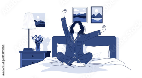 Woman stretching and enjoying morning in cozy bedroom  