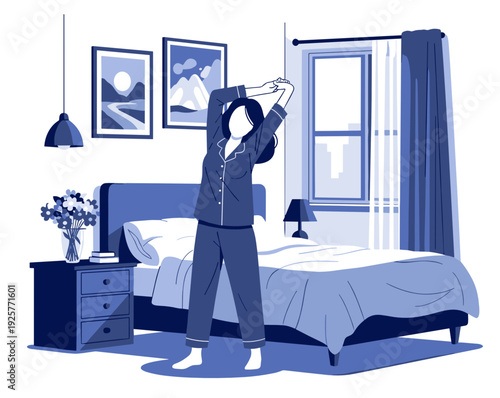 Young woman stretching in bedroom during morning routine  