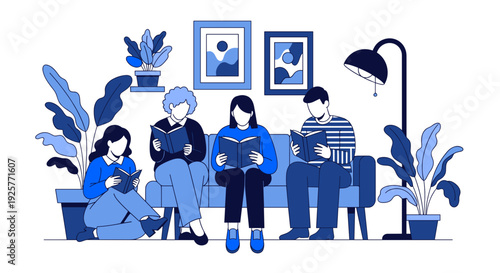 Family reading books together in a cozy living room setting  
