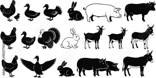 Collection of various domestic farm animal silhouettes including cow pig goat donkey rabbit and poultry birds isolated on white.
