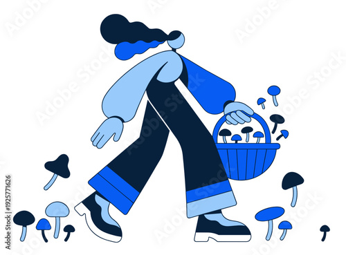 Woman picking mushrooms while walking in a blue-themed forest  
